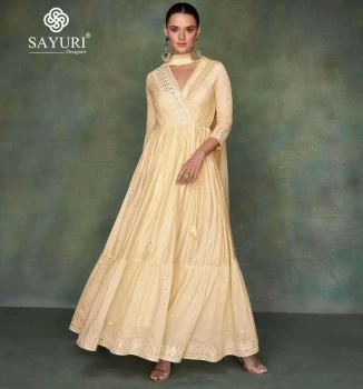 Elegant Sayuri Sahiba Pure Silk Suit - Beige Anarkali Dress with Chiffon Dupatta